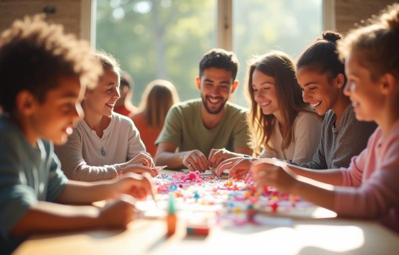 Group of people smiling and working on crafts together in a bright, friendly setting.