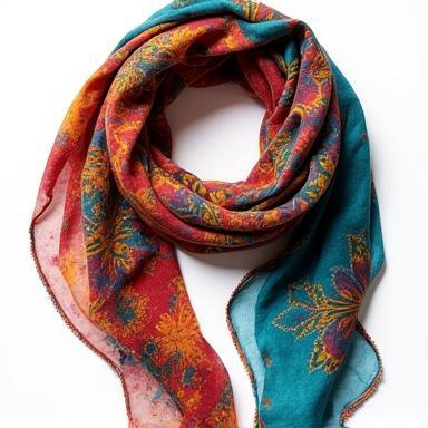 Vibrantly colored handmade batik scarf with intricate traditional pattern.