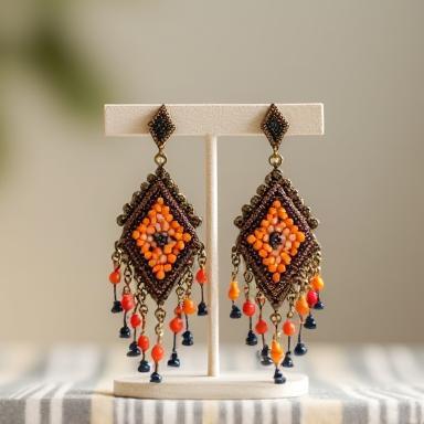 Handmade earrings from local materials, featuring unique design.