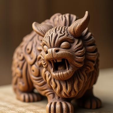 Intricate small wooden carving depicting a traditional figure or motif.