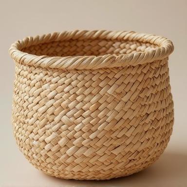 Handwoven natural fiber basket with visible texture and craftsmanship.