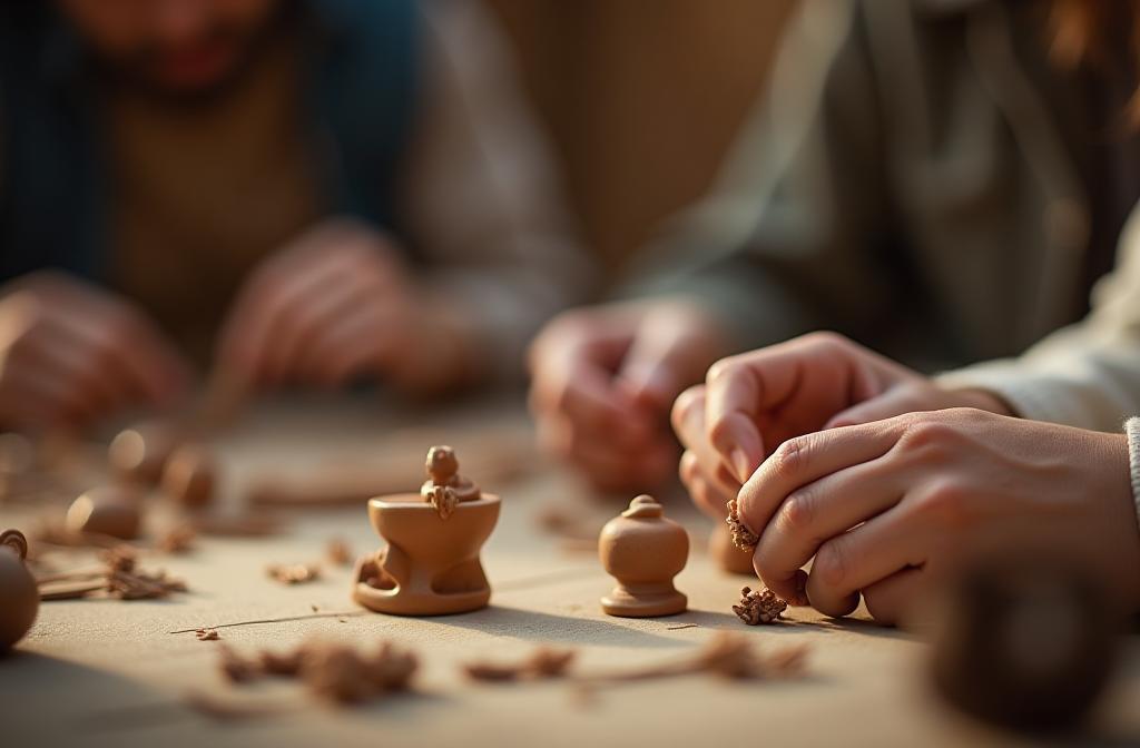 Close-up of hands working on a craft project with other people blurred in the background, conveying community.