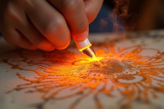 Applying wax resist to fabric for batik painting.