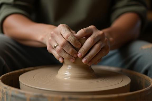 Hands shaping clay on a pottery wheel during a workshop.
