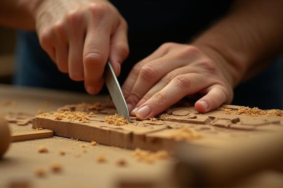 Hands using a wood carving tool on a piece of wood.